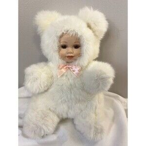 Vintage Porcelain Face Plush Teddy Bear Doll White Fur Pink Bow 1990s